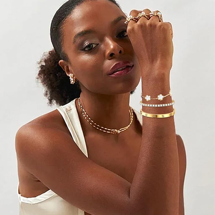 Gold Bracelets for Women-4Pcs/3Pcs,18K Gold Plated Bangle Tennis Bracelets Stack Set for Women Trendy Non Tarnish Stainless Steel Gold Bangles Accessories Designer Jewelry