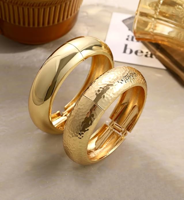 Chunky Gold Bangle Bracelets for Women, Dainty 14k Gold Plated Big Stackable Bangles Set, Trendy Statement Cuff Bracelet Stack Fashion Jewelry Christmas Gifts