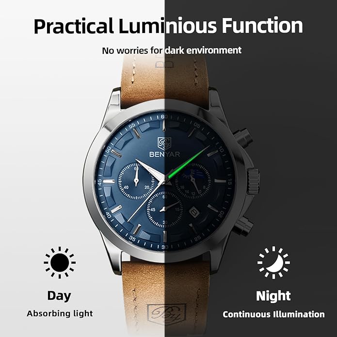 BY BENYAR Mens Watches Analog Quartz Chronograph Waterproof Wrist Watches for Men Fashion Business Work Casual Sport Designer Dress Watch with Calendar Elegant Gifts for Men