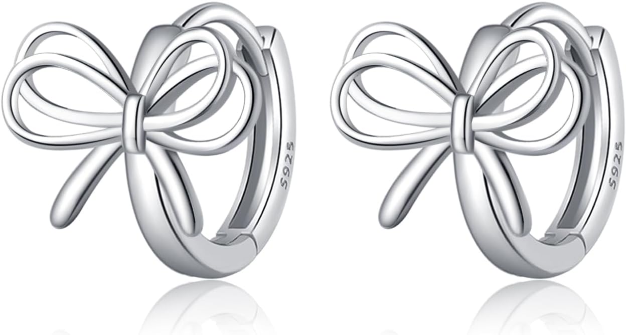 Reffeer Solid 925 Sterling Silver Bow Hoop Earrings Ribbon for Women Teen Girls Bowknot Hoop Earrings Huggie