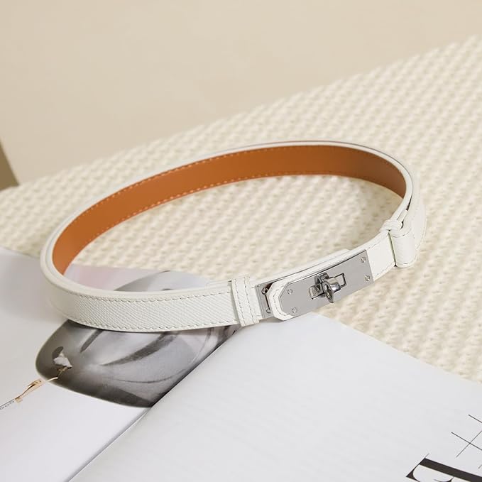 Skinny Leather Belts for Women with Adjustable Silver Turn-Lock Buckle for Dresses Jeans and Pants