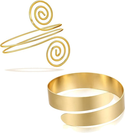 BROCC 2PCS Gold Coil Swirl Upper Arm Bracelet for Women Open Upper Arm Cuff Bangle Armlet Gold Silver Adjustable Armband Bracelet Set