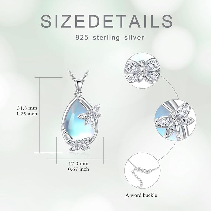 Moonstone Necklace for Women dragonfly Necklace 925 Sterling Silver Teardrop Moonstone Pendant Necklace Dragonfly Jewelry Gifts for Women