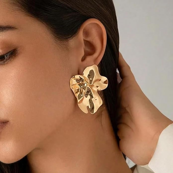 Gold Flower Statement Earrings for Women, 14K Gold Plated Large Irregular Leaf Floral, Big Chunky Dangle Earrings Set