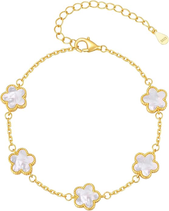 925 Sterling Silver Four Leaf Clover Bracelet for Women - 14K Gold Plated Flower Four Leaf Women's Lucky Bracelet Adjustable Link Chain Bracelets Charm Trendy Design Dainty Jewelry Gifts for Women