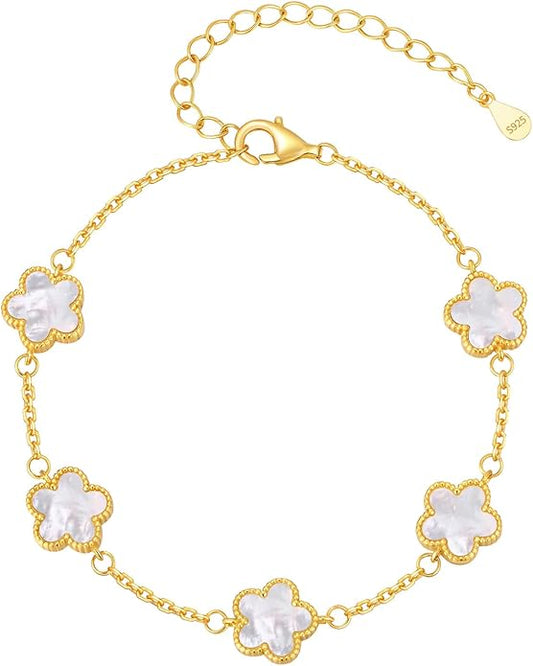 925 Sterling Silver Four Leaf Clover Bracelet for Women - 14K Gold Plated Flower Four Leaf Women's Lucky Bracelet Adjustable Link Chain Bracelets Charm Trendy Design Dainty Jewelry Gifts for Women