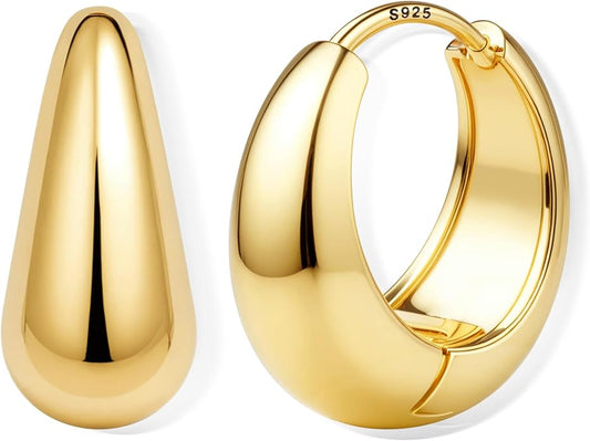 14K Gold Plated Small Chunky Hoop Earrings Sterling Silver Post - Hypoallergenic Trendy Thick Lightweight Silver Plated Huggie Hoops Dainty Hoop Earrings for Women Non Tarnish Jewelry Gifts