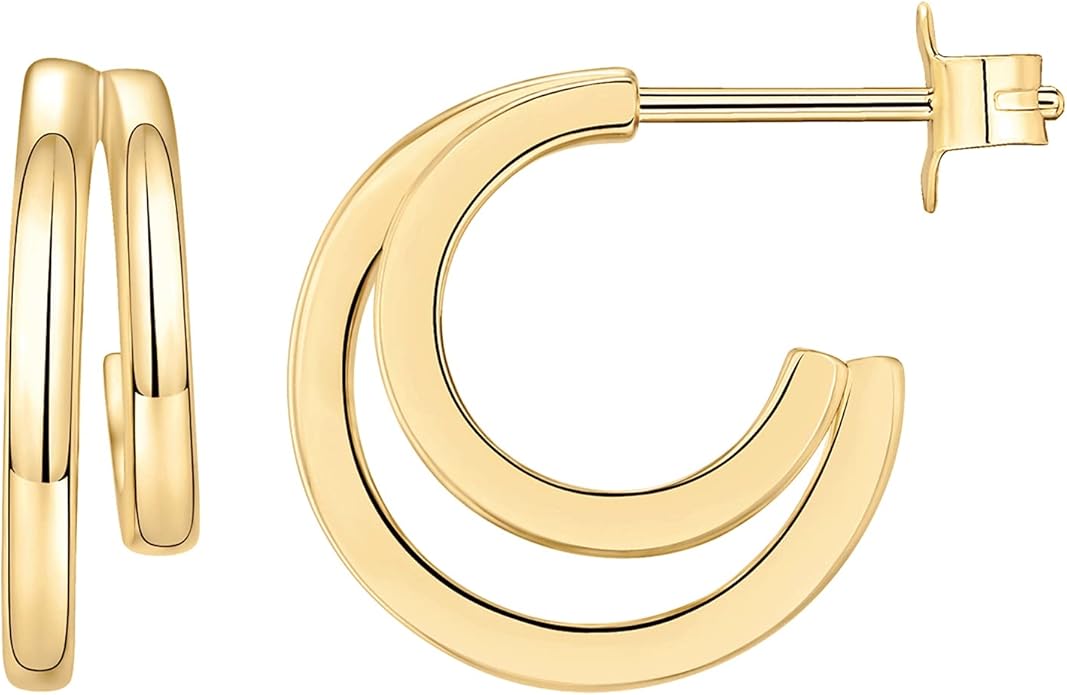 PAVOI 14K Gold Plated Multi Huggie Hoop Earrings for Women - 925 Sterling Silver Posts Triple Split Hoop Gold Earrings for Women - Trendy Fashion Jewelry