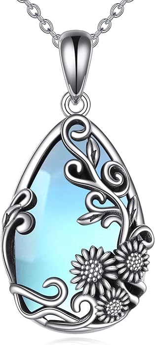YFN Black Obsidian/Moonstone/Turquoise/Moss Agate Sunflower Filigree Teardrop Pendant Necklace Jewelry for Women - 925 Sterling Silver