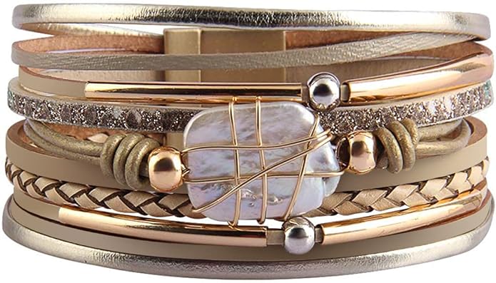 Fesciory Leather Wrap Bracelets for Women, Boho Leopard Multi-Layer Crystal Beads Cuff Bracelet Jewelry