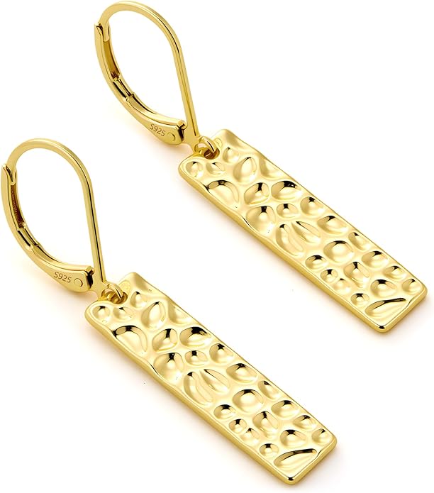 ALEXCRAFT 925 Sterling Silver Dangle Earrings for Women, 14K Gold Plated French Leverback Earrings, Hypoallergenic Lightweight Statement Hammer Square Bar Long Drop Earing for Women Trendy Jewelry