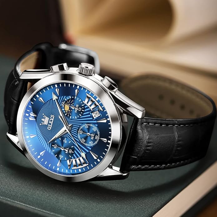 OLEVS Men's Casual Leather Watch, Big Face Chronograph Watch for Men, Fashion Easy to Read Dress Watch, Men's Waterproof Luminous Date Analog Watch, Gold/Black/White/Blue Dial