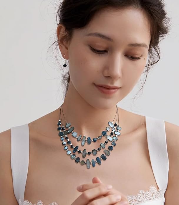 3 Layered Chunky Statement Necklace for Women Beaded Strand Necklaces with Earring Fashion Costumes Collar Necklace Jewelry Sets Gifts for Women