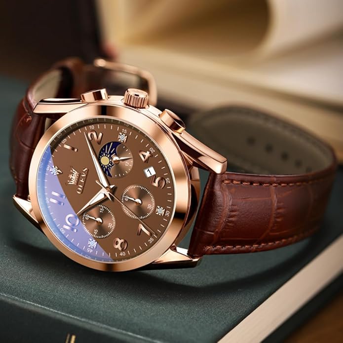 OLEVS Men's Watches Brown Leather with Date,Casual Watches for Men,Large Face Watches Men,Chronograph Mens Watch,Sport Waterproof Business Dress Analog Quartz Men's Wrist Watches Reloj De Hombre