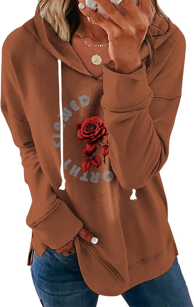 Women's Brown Mandala Print Hoodie Long Sleeve Loose Fit Tunic Top with Drawstring Side Split for Fall Winter