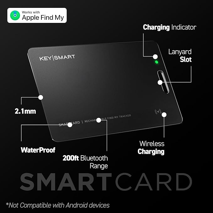 KeySmart MFI-Certified SmartCard Wallet Tracker Card, Compatible with Apple Find My App, Rechargeable Thin GPS Item Finder for Luggage Tag, Smart Bluetooth Tracking with Key Chain Hole Black, 3 Pack