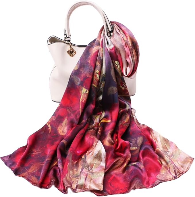 100% Mulberry Silk Scarfs for Women Floral Print Satin Long Scarf for Headscarf Hair Wraps Shawl with Gift Packed