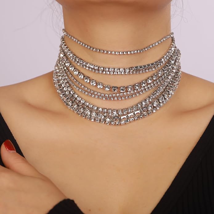 Boho Fashion Prom Shinny Luxury Rhinestones Choker Necklace Dainty Layered Sexy Body Chain Choker Necklace Dainty Gold Silver Halloween Christmas Necklace Gift for Women