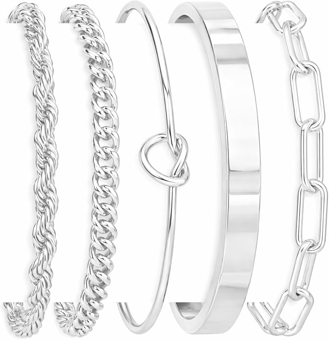 Gold Bracelets Set for Women Non Tarnish, 14K Gold Plated Sterling Silver Chunky Cuff Bracelet Stackable Gold Bangles Bracelet for Women Trendy Fashion Accessories Tie Knot Cuban Rope Paperclip Beaded Bracelet Stack Jewelry Valentines Day Gifts