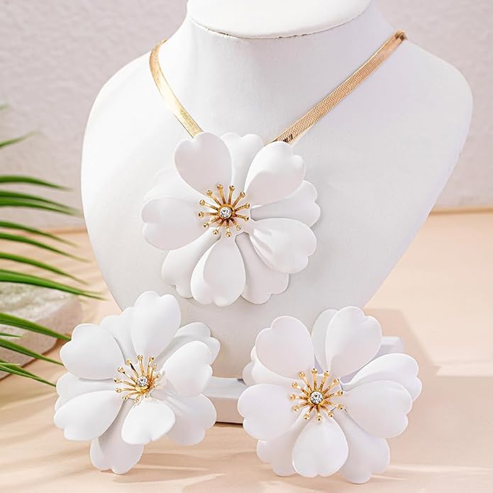 Vintage Flower Necklace Earring Set Gold Snake Chain Necklace Bohemian Red Flowers Choker Necklaces Hypoallergenic Statement Flower Stud Earrings Elegant Bridal Wedding Summer Beach Jewelry