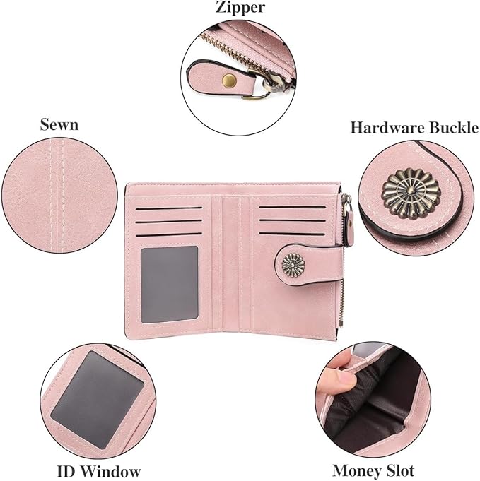 Premium Slim Genuine Leather Bifold Wallet for Women with Advanced RFID Blocking Technology and Zippered Coin Compartment (Pink)