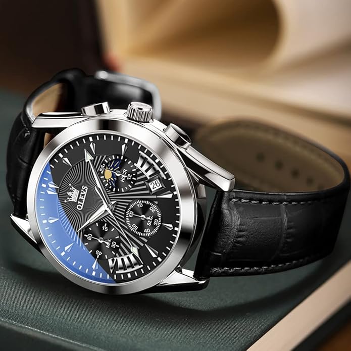 OLEVS Men's Casual Leather Watch, Big Face Chronograph Watch for Men, Fashion Easy to Read Dress Watch, Men's Waterproof Luminous Date Analog Watch, Gold/Black/White/Blue Dial