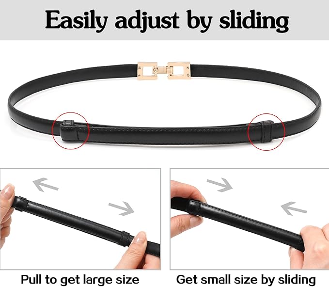 Women Skinny Belts, Thin Genuine Leather Waist Belts with Gold Buckle for Dresses