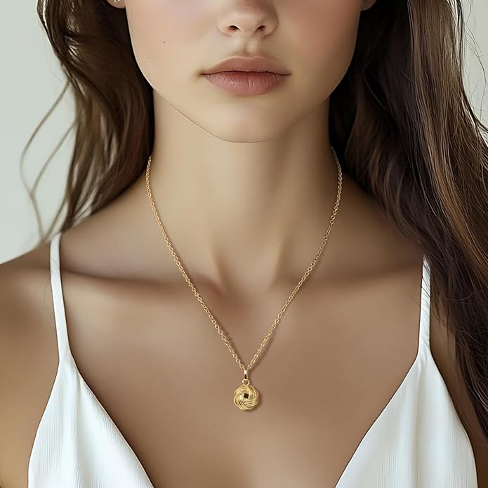 14K Gold Necklaces for Women Pendant Necklaces Love Knot Pendant Necklace for Women Simple Round Knot Women’s Gold Necklace Trendy Adjustable in Length 18in (16in+2.1in)