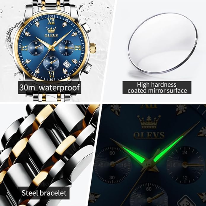 OLEVS Mens Watches Waterproof Stainless Steel Adjustable Bracelet Watch Quartz Analog Watch for Men Fashion Business Classic Mens's Wrist watch's Casual Watches Gold/Blue/Black/White/Face/Dial