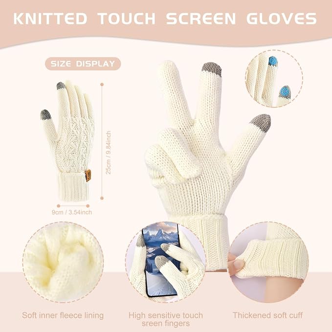 Womens Winter Warm Beanie Hat Long Scarf Touchscreen Gloves Set with Fleece Lined Skull Pom Caps 3 in 1 Set for Gift