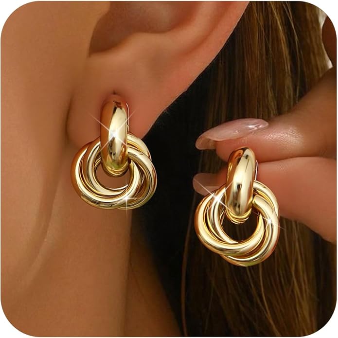 ORAZIO Chunky Gold Plated Knot Earrings for Womens Trendy 925 Silver Statement Lightweight Dangle Drop Hypoallergenic Large Geometric Stud Earring Jewelry for Women