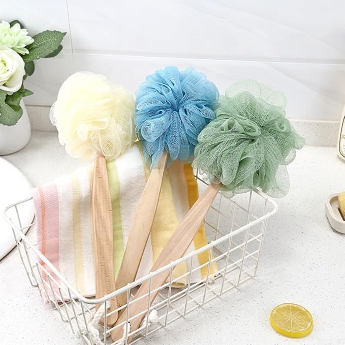 Shower Body Brush with Loofah and Long Handle for Exfoliating, Dry and Wet Brushing, Hanging Hole, Grey(Blue)