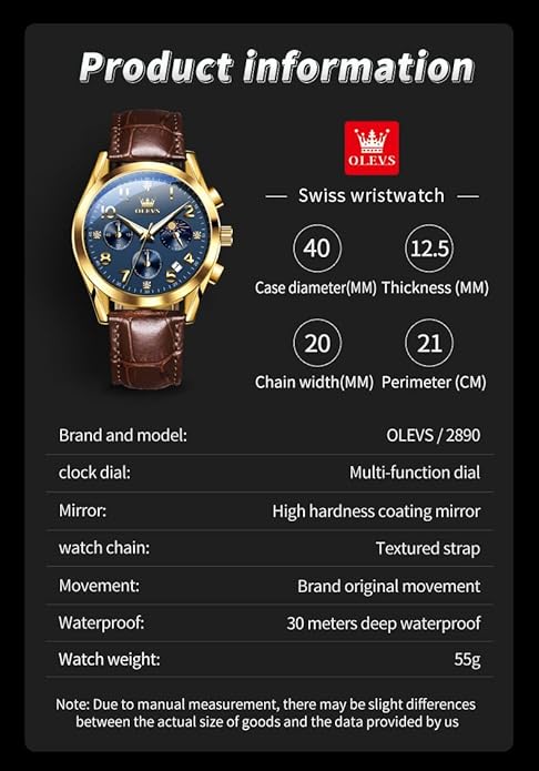 OLEVS Men's Watches Brown Leather with Date,Casual Watches for Men,Large Face Watches Men,Chronograph Mens Watch,Sport Waterproof Business Dress Analog Quartz Men's Wrist Watches Reloj De Hombre