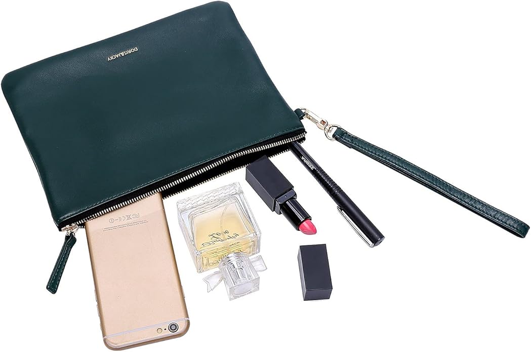 DORIS&JACKY Lambskin Leather Wristlet Clutch Purse for Women Soft Designer Slim Cell Phone Pouch Bag with Detachable Strap