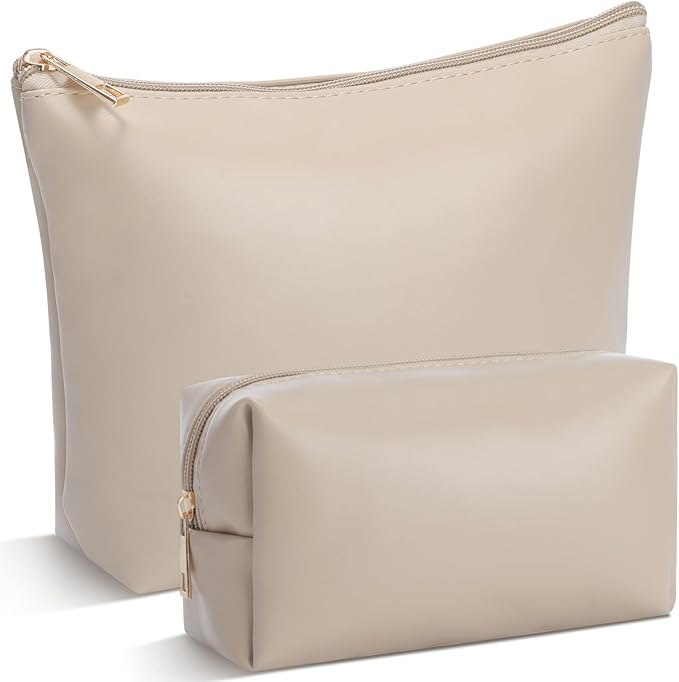 Kigeli 2 Pcs PU Leather Makeup Bag Set for Women Aesthetic Cosmetic Bag Small Toiletry Travel Pouch for Purse Emergency Skincare Organizer Valentine Gifts for Bridesmaid Birthday(Nude)
