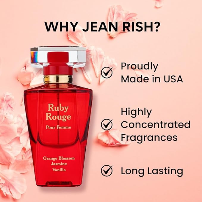 Jean Rish Ruby Rouge, Eau De Parfum for Women (3.4 Fl Oz / 100ml) with Orange Blossom, Jasmine, Vanilla - Long Lasting and Luxury Fragrance