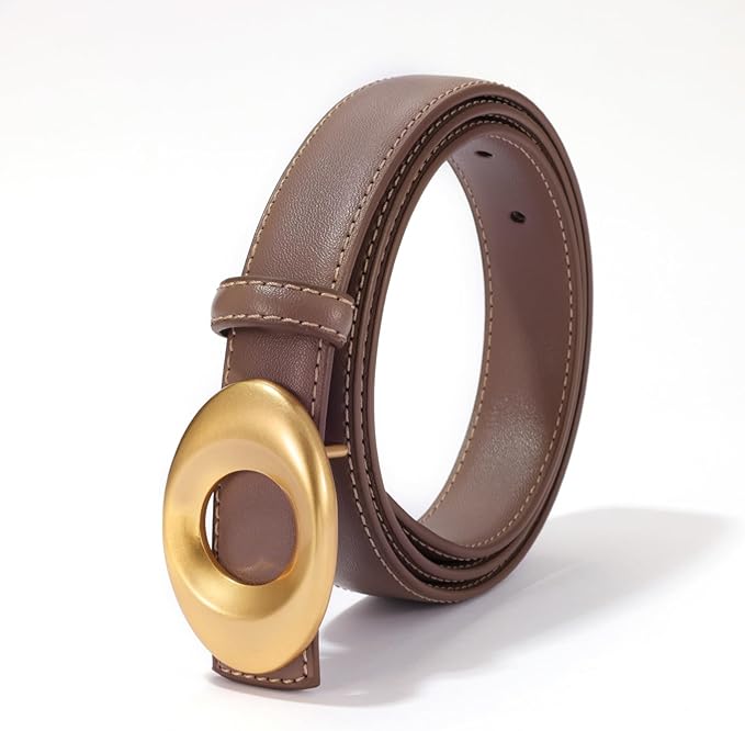 Women's Elegant Casual Genuine Leather Belt with Matte Oval Vintage Gold Buckle for Jeans Pants Dresses