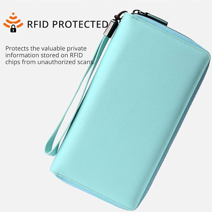 Women's Genuine Leather RFID Blocking Zip Around Wallet with Phone Pocket Large Capacity Travel Wristlet (Light Blue)