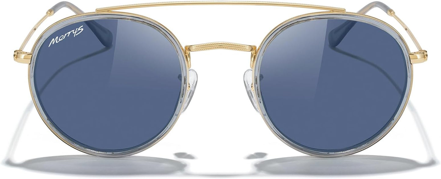 MERRY'S Retro Round Polarized Sunglasses - Unisex Double Bridge Sun Glasses