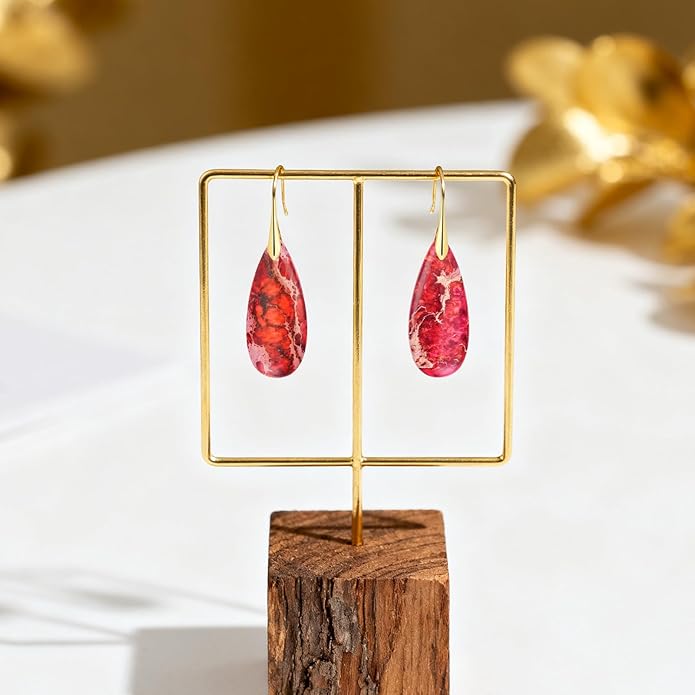 Emperor Stone Dangle Earrings for Women - Natural Healing Crystal Earrings with Gold Fishhooks in Soothing Colors, Unique Personalized Valentine‘s Day Gift Set for Her