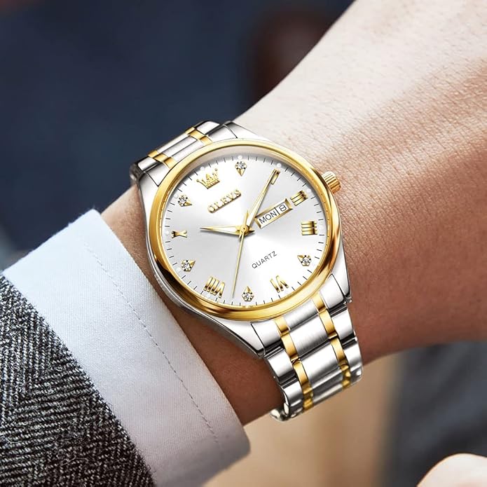 Men's Casual Stainless Steel Watch, Big Face Easy to Read Analog Quartz Watch with Day and Date, Classic Waterproof Diamond Roman Arabic Numerals Dial Dress Watch for Men, Gold Silver Black Band