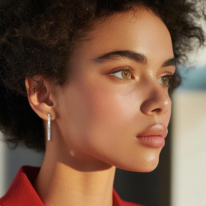 14K White Gold Textured Medium Hoop Earrings Polished Snap Back Secure Rhodium Plated 30mm Round Comfort Lightweight For Women Gift Luxury Italian Jewelry