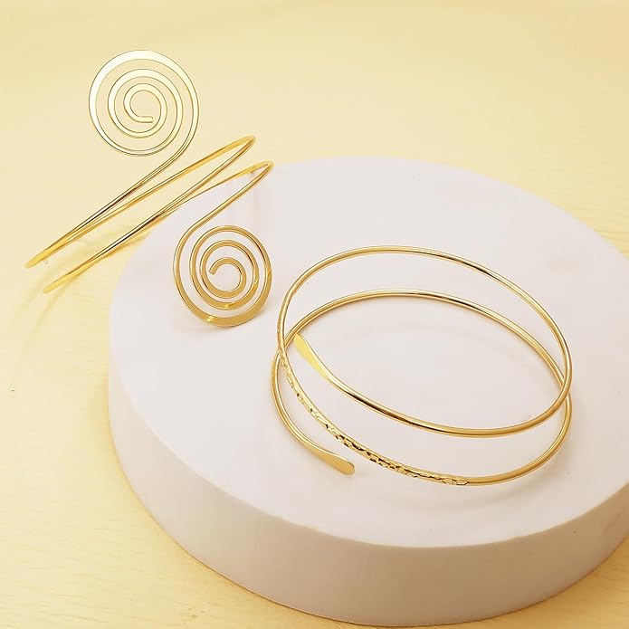 BROCC 2PCS Gold Coil Swirl Upper Arm Bracelet for Women Open Upper Arm Cuff Bangle Armlet Gold Silver Adjustable Armband Bracelet Set