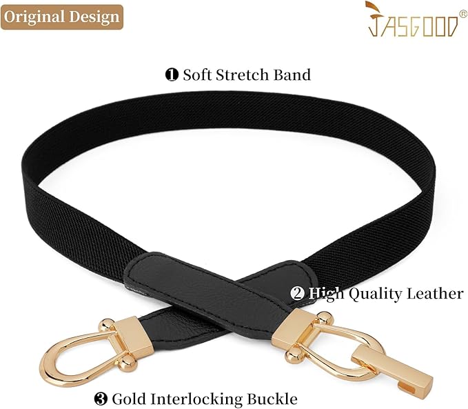 JASGOOD Women Skinny Elastic Belt for Dresses,Thin Retro Stretch Waist Belt with Golden Buckle