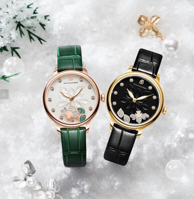 Womens Watch Bee Watches for Women Moving Bees Between Double Sapphire Glass with Genuine Leather Strap Luminous Hands and Trendy Watch with 12 Genuine Diamonds Rose Gold Mesh Band 28mm