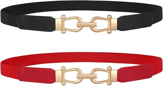 JASGOOD Women Skinny Elastic Belt for Dresses,Thin Retro Stretch Waist Belt with Golden Buckle