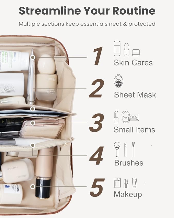 Travel Makeup Organizer Bag, Large Capacity Cosmetic Bags with Multiple Compartments, Open-Flat Toiletry Bag Portable Waterproof Pouch for Women Beauty Essentials (Brown)