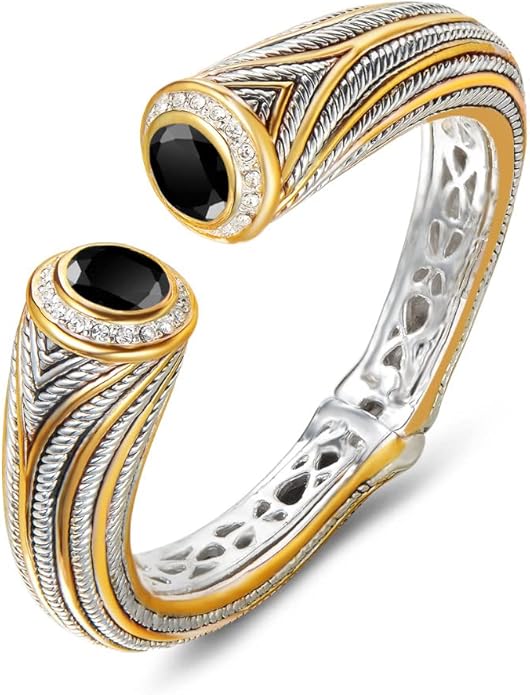 UNY JEWEL Jewelry Multi Strand Twisted Wire Cable Inlay 12mm CZ Vintage Antique Two Tone Elegant Designer Inspired Unique Spring Open Cuff Bangle