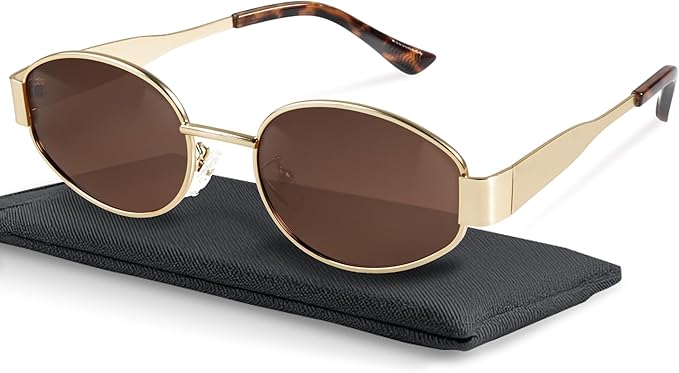 livho Retro Polarized Sunglasses - UV400 Protection, Oval Shape, Metal Frames - Matching Soft Case Inlcuded
