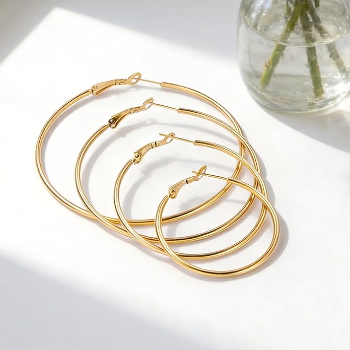4/5/6 Pairs Stainless Steel 30/40/50/60/70 mm Silver 14K Gold Hoop Earrings for Women Hypoallergenic Big Thin Lightweight Dangle Set